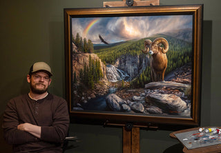 Oil painting of Gibbon Falls in Yellowstone National Park featuring bighorn sheep and a bald eagle by artist Chuck Black