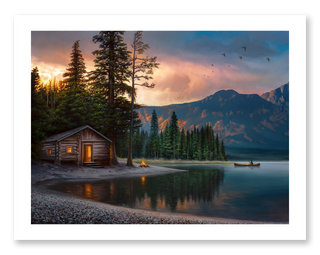 Lake cabin art print painting