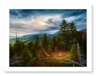 Camping scene art print with glowing campfire- stunning landscape painting