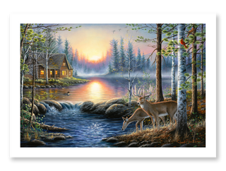 lake cabin whitetail deer art print