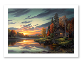 lake cabin rustic landscape art print