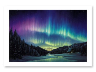 Northern lights cabin landscape art print