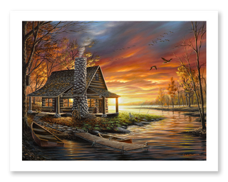 rustic cabin sunset art print