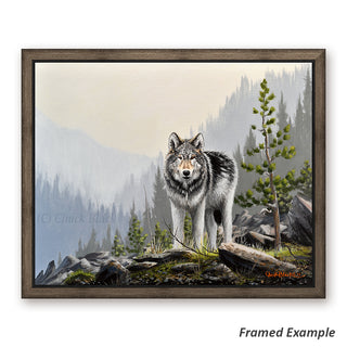 Framed Wolf Canvas Wildlife Print - elegant wolf in mountain setting