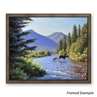 Framed Bluebird Days canvas print - mountain landscape with moose and rive