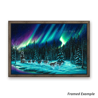 Framed Sled Dog Team Canvas Art - Breathtaking Northern Lights Winter Scene with Sled Ride