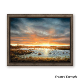 Framed Sunset Landscape Canvas Print - 'Restored Beauty' Featuring Glowing Sky and Waterfowl