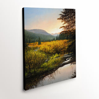 'Reflections Of Past' Canvas Art Print - sunset landscape with mountain meadow